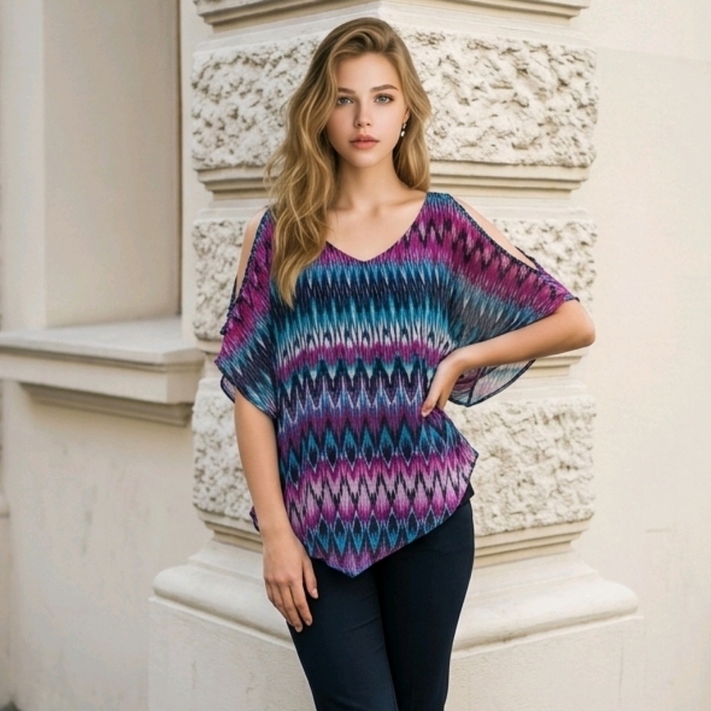Roz & Ali Petite XS Purple Teal Aztec Flowy Short Sleeve Scarf Drape Tank Blouse